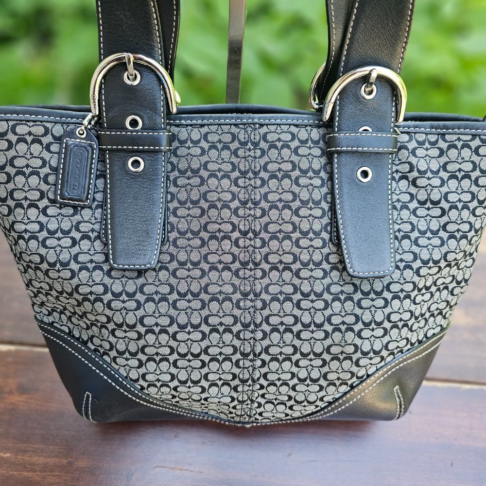 Coach Signature Shoulder Tote Bag Handbag Black and Tan Leather/canvas - Picture 10 of 15